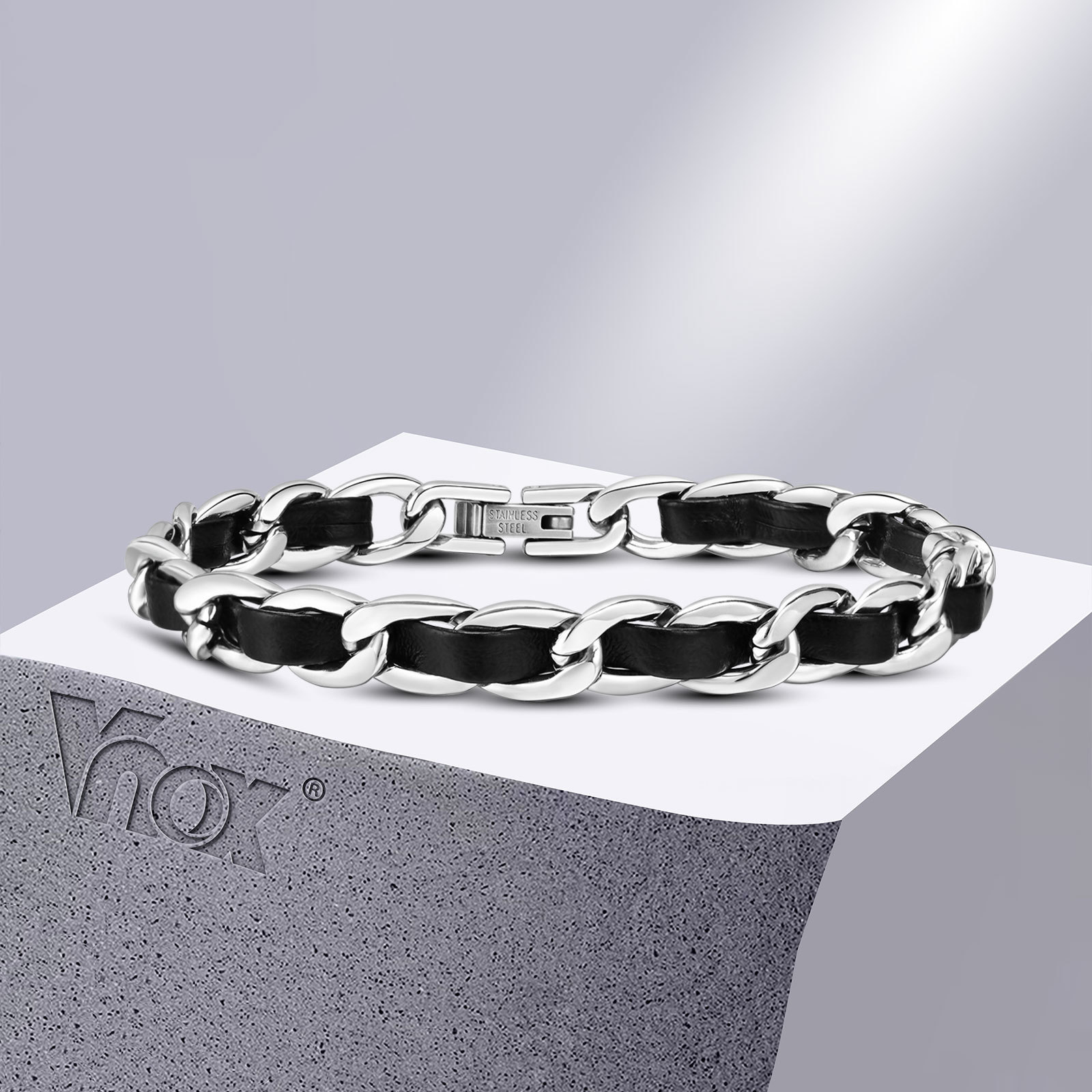 Vnox-pulseras de cadena negras para hombre y mujer, elegantes pulseras de cadena de eslabones cubanos de acero inoxidable de 7,5 MM, joyería de regalo