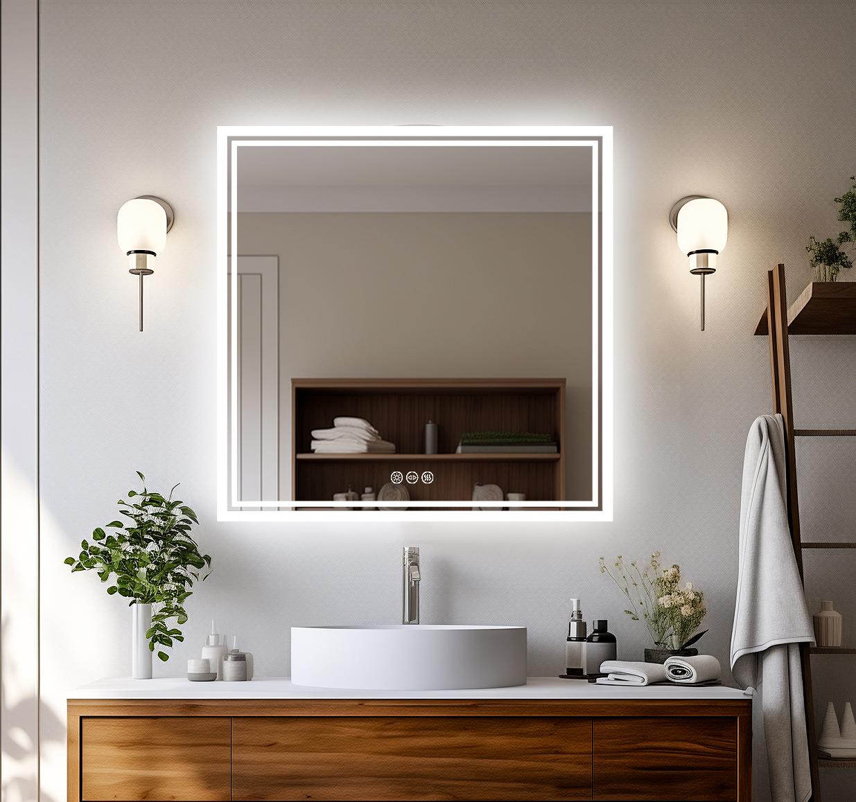 Espelho LED retroiluminado quadrado, regulável, iluminado, vaidade do banheiro, anti-nevoeiro, memória inteligente, 3500K-6500K
