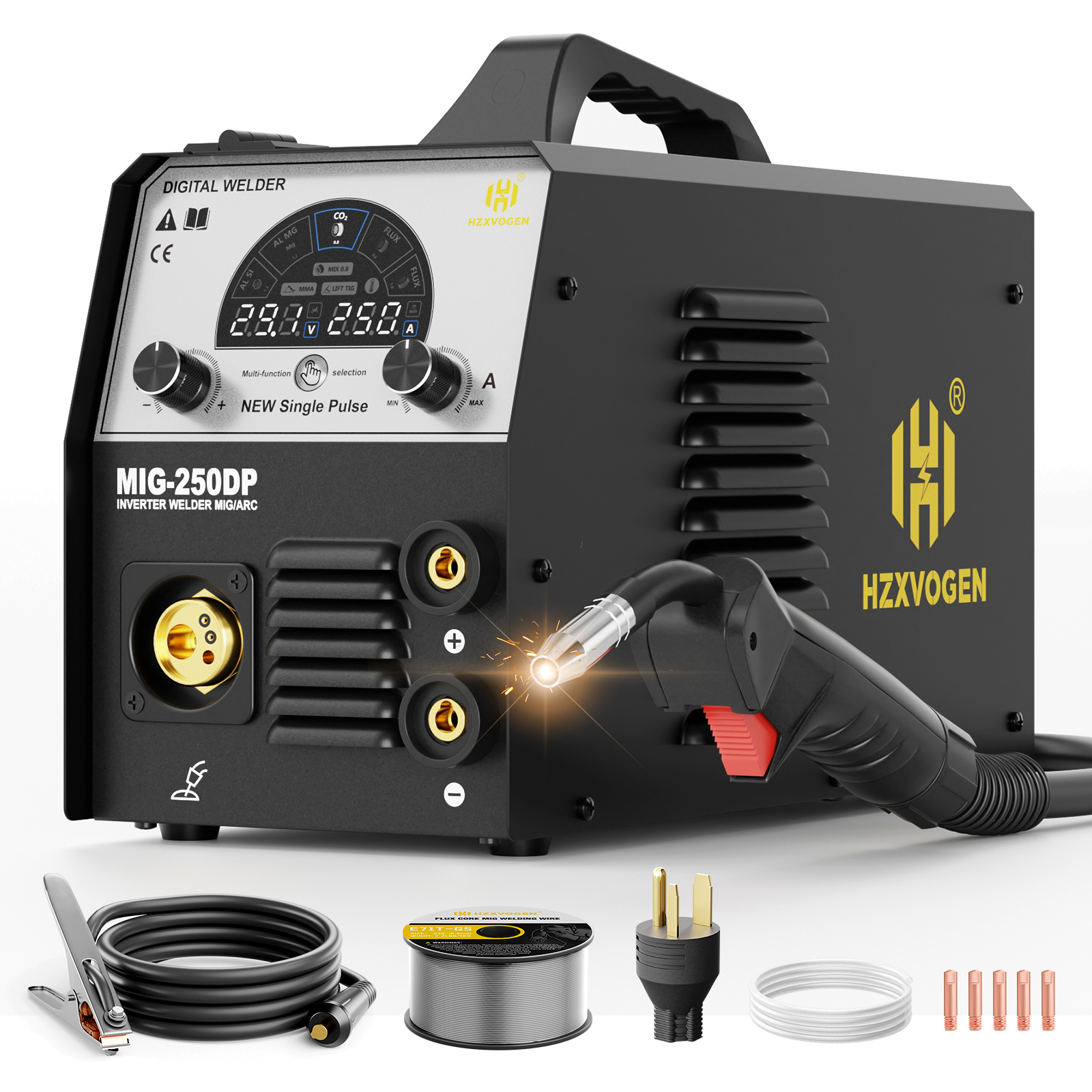 HZXVOGEN IGBT 5in1 MIG Schweißer Pulse MIG250DP Gas/Gaslos Mig ARC MMA Tig Halbautomatische LED-Anzeige Schweißmaschine für Aluminium