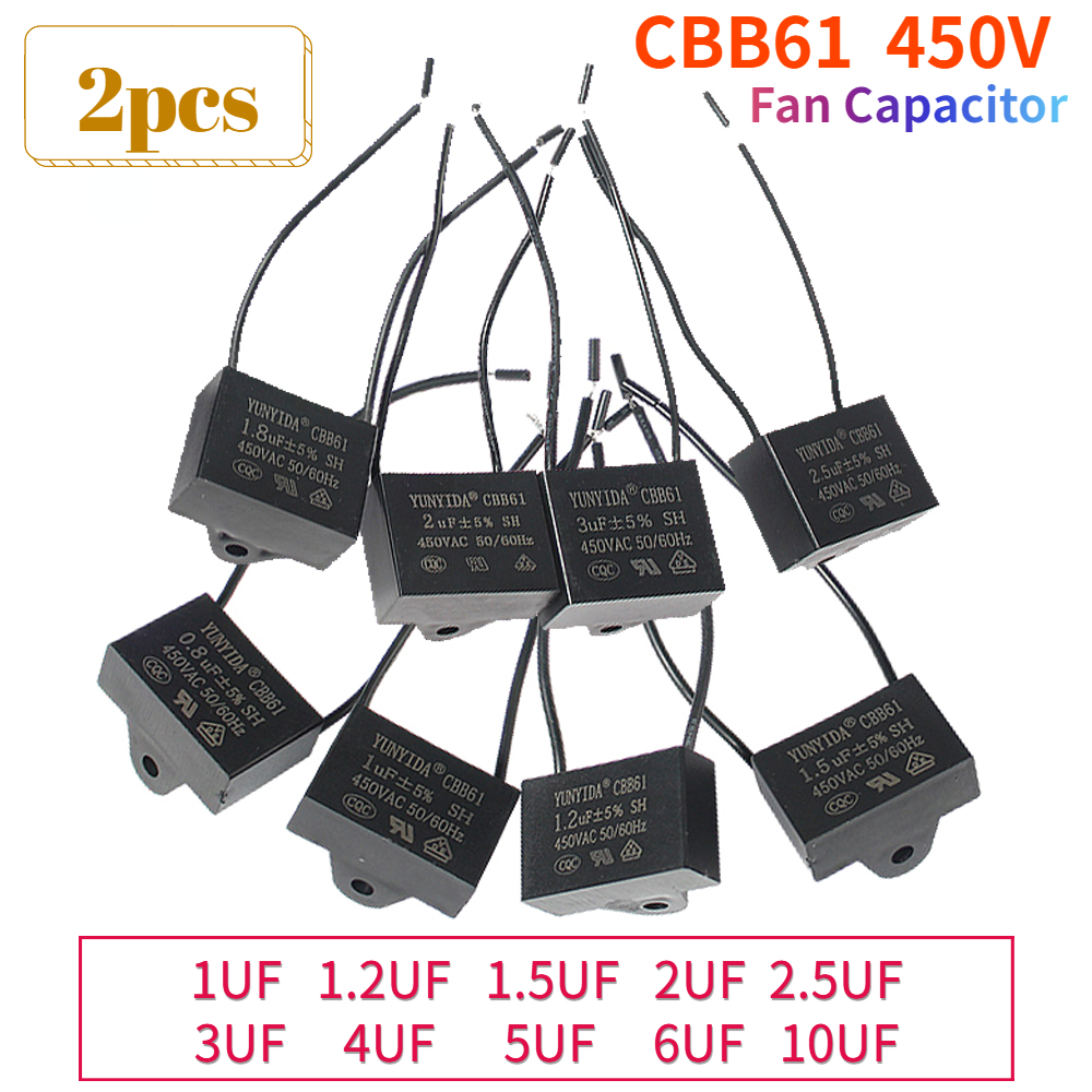 Condensador de ventilador CBB61 450V 1UF 1,2 UF 1,5 UF 2 UF 2,5 UF 3 UF 4 UF 5 UF 6 UF10 UF Motor de ventilador de techo condensador rectangular CBB 61