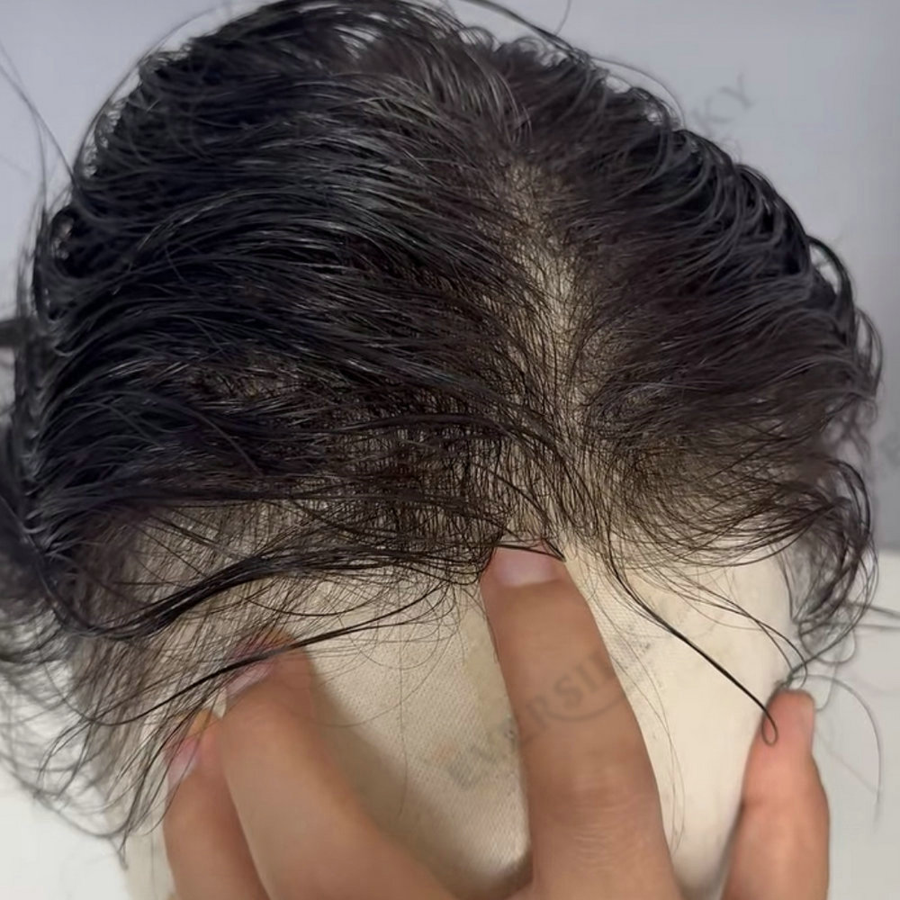 Negro natural 80% densidad 0,02 mm piel ultrafina peluquín rubio gris 240 #   Prótesis Vloop de micropiel indetectable de cabello humano 1B50