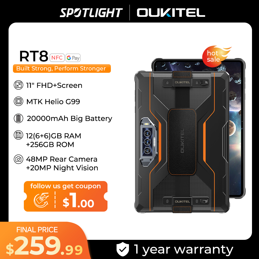 Планшет Oukitel RT8 упрочненный, 20000 мАч, экран 11 дюймов FHD +, 6 ГБ + 256 ГБ, Helio G99, камера 48 МП, планшетный ПК 33 Вт, Android 13