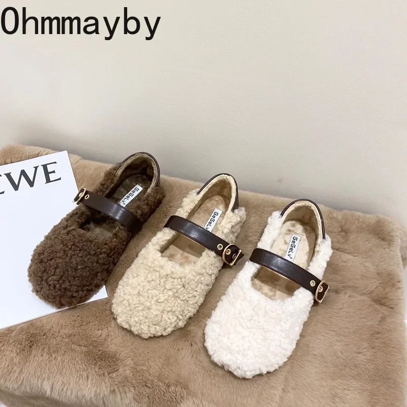 Chaussures plates Vintage en fourrure chaude pour femmes, mocassins confortables à la mode avec boucle de ceinture peu profonde, printemps-automne