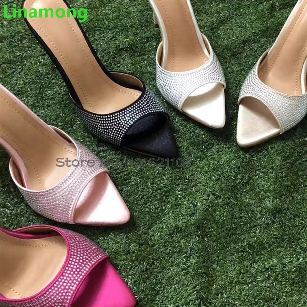 Chinelos de salto alto de dedo apontado para mulheres, sapatos femininos, design de cristal, elegante, sexy, exterior, moda, tamanho 34-43, verão, novo, 2024