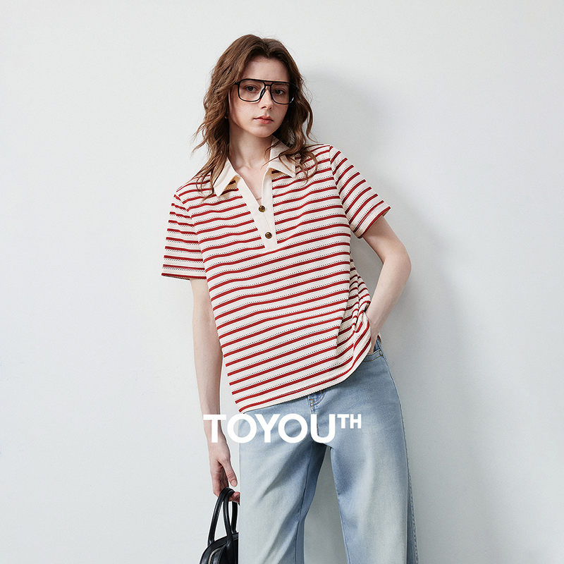 TOYOUTH Dames T-shirt 2026 Zomer Nieuwe Holle Streep Kleurblok Polokraag Nautische Top, Loose Fit Vintage Tee