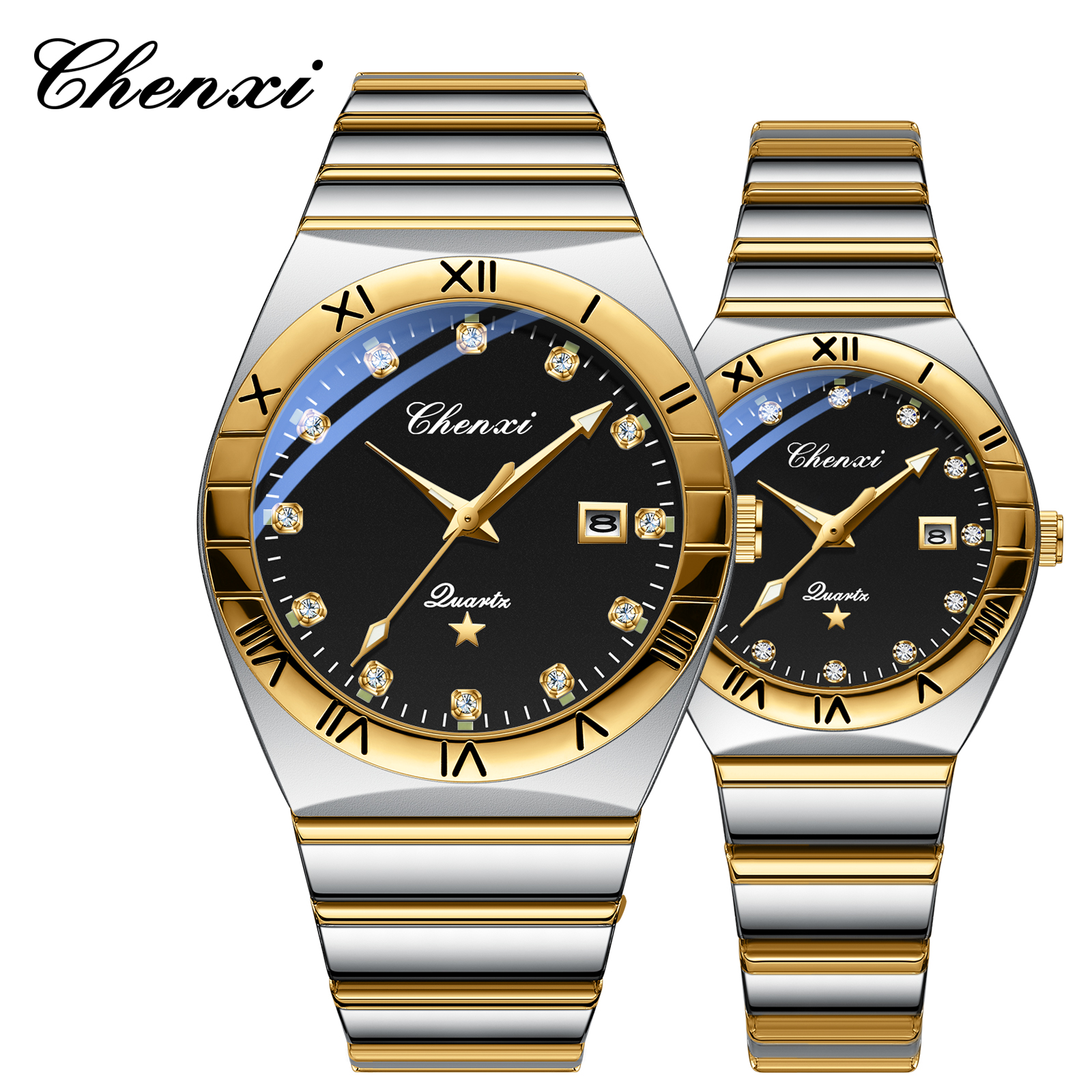 Chenxi luxo casal relógio de quartzo luminoso data masculino e feminino relógios amantes negócios aço inoxidável relógio de pulso à prova dwaterproof água