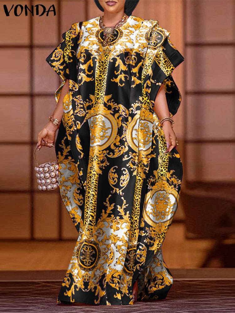 VONDA-Vestido largo largo elegante de talla grande 5XL, vestido de satén a la moda, estampado Sexy de retazos, manga de ala de murciélago, bata con volantes 2024