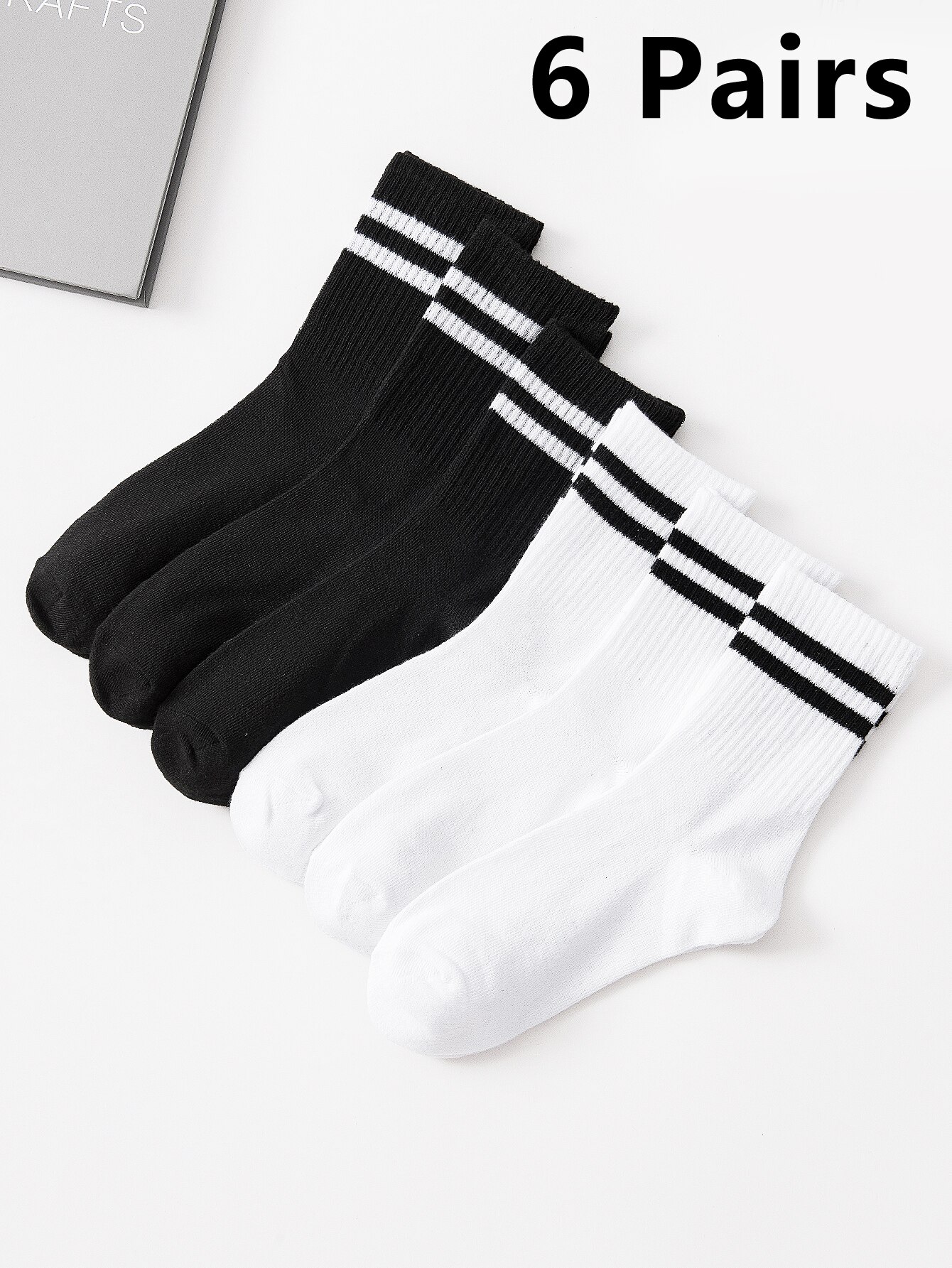 Ensemble de 6 paires de bas mi-longs à Tube haut pour femmes, en noir pur et blanc, avec barres parallèles, populaires et absorbant la sueur
