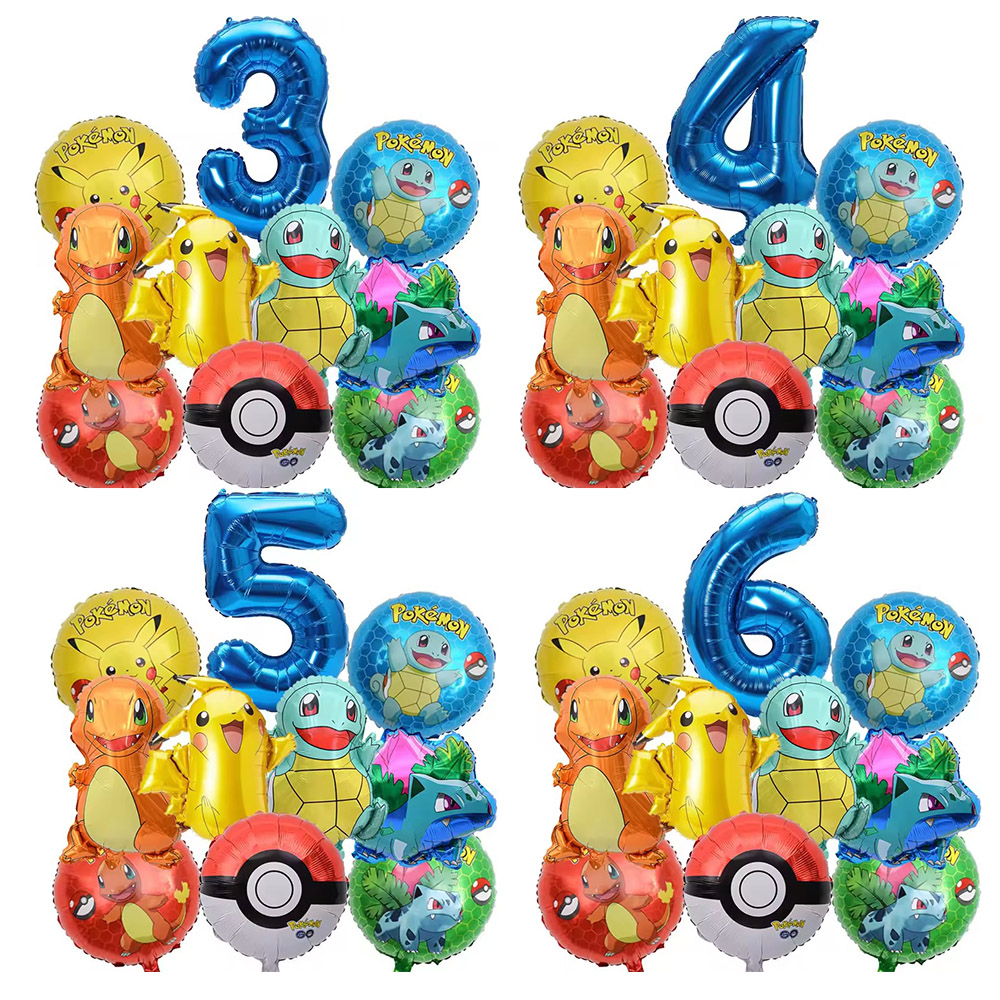 10pcs ลูกโป่ง Pokemon ชุด Pikachu Pokemon Ball บอลลูน 32 นิ้วบอลลูนจํานวนสีฟ้า 1-9 สําหรับเด็ก 1-9th Birthday PARTY ตกแต่ง