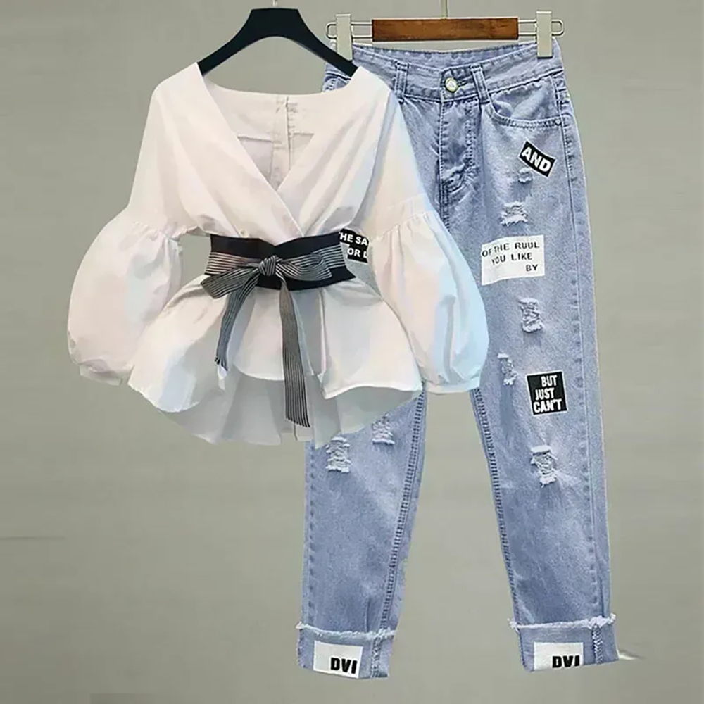 Femmes élégant col en v rayure lanterne manches nœud ceinture tendance mince en mousseline de soie petit haut et coréen déchiré jean bureau dame costume décontracté