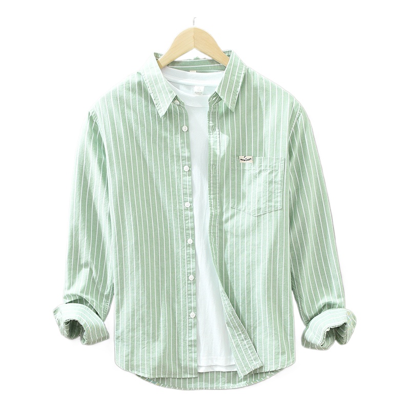 Men's Fashion Striped All-in-one Teen Cotton Comfortable Breathable Trend British Style Outdoor Casual Long-sleeved Cotton Shirt