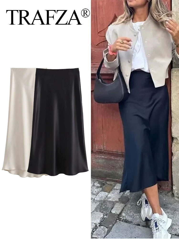 TRAFZA ผู้หญิง Elegant ซาตินกระโปรงยาว Chic Y2K เอวสูง Slim กระโปรงหญิงแฟชั่นผ้าไหมสุภาพสตรีแน่น Midi กระโปรง