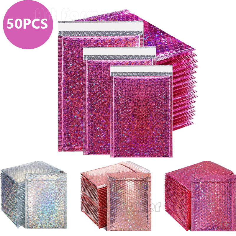 50 Uds. Sobre de correo holográfico con láser plateado, bolsa de mensajería impermeable, sobres acolchados de burbujas, bolsa de embalaje para envío