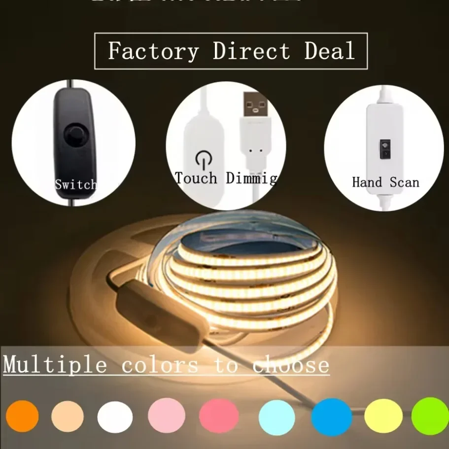 Bande lumineuse LED COB USB DC 5V, Super brillante, 1m 2m 3m 4m 5m, avec balayage manuel/interrupteur à capteur tactile à intensité variable/interrupteur poussoir 320LED s/m
