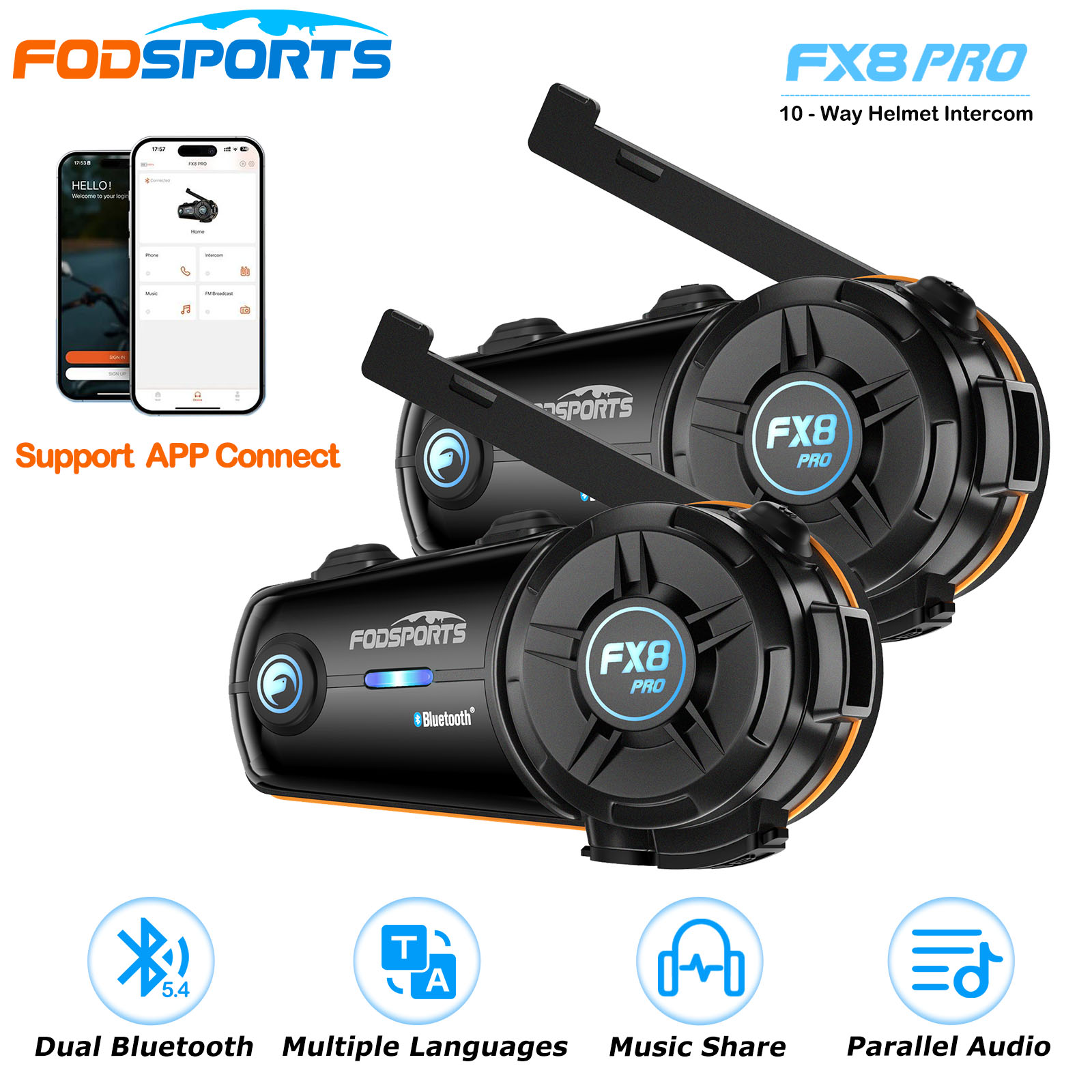 2 шт. Bluetooth-гарнитура Fodsports FX8 PRO для мотоциклетного шлема, подключение через приложение, двухъядерный процессор BT5.4, для 8-сторонней мотокоммуникации