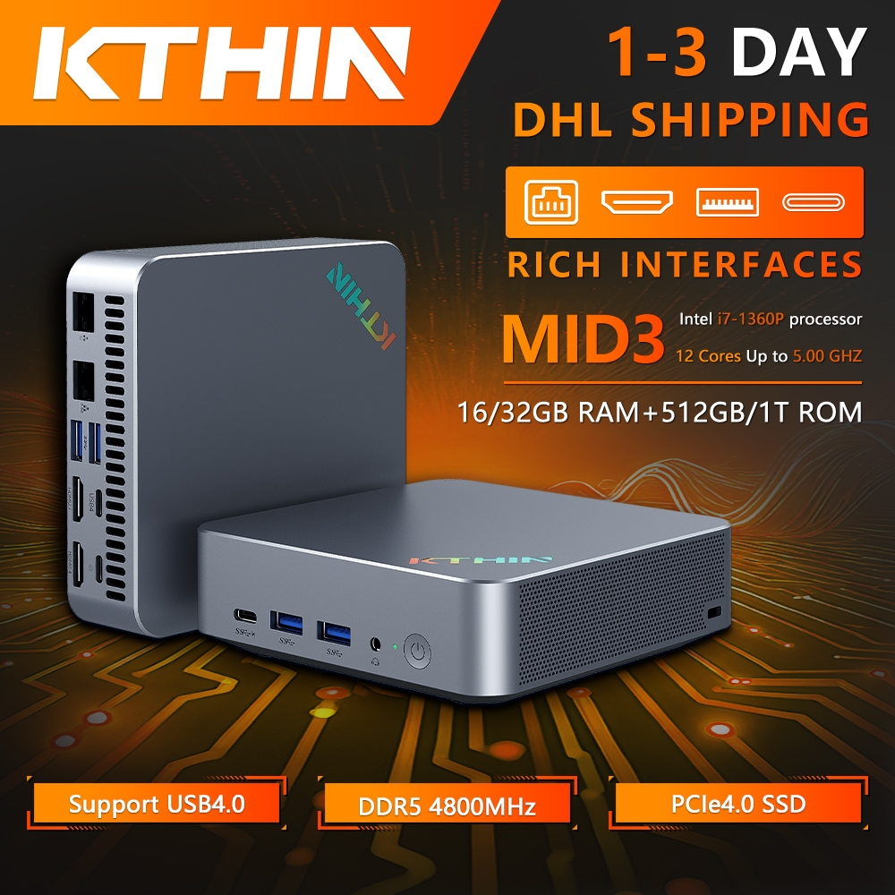 KTHIN MID3 Mini PC i7-1360P 5,0 GHz WIFI6 BT5.2 Mini ordenador DDR5 16GB RAM 512GB ROM 2,5G LAN USB4.0 Mini ordenador de escritorio