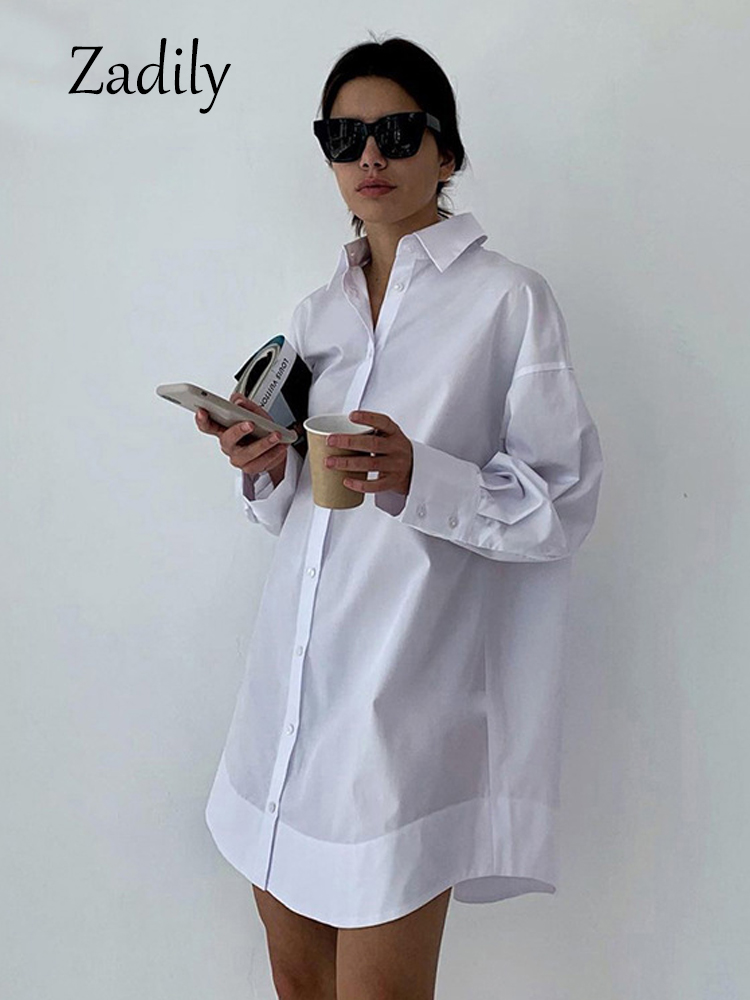 Zadily Herfst 2025, minimalistisch dames wit lang shirt, oversized volledige mouw, patchwork, knoopsluiting, werkblouse, dameskleding
