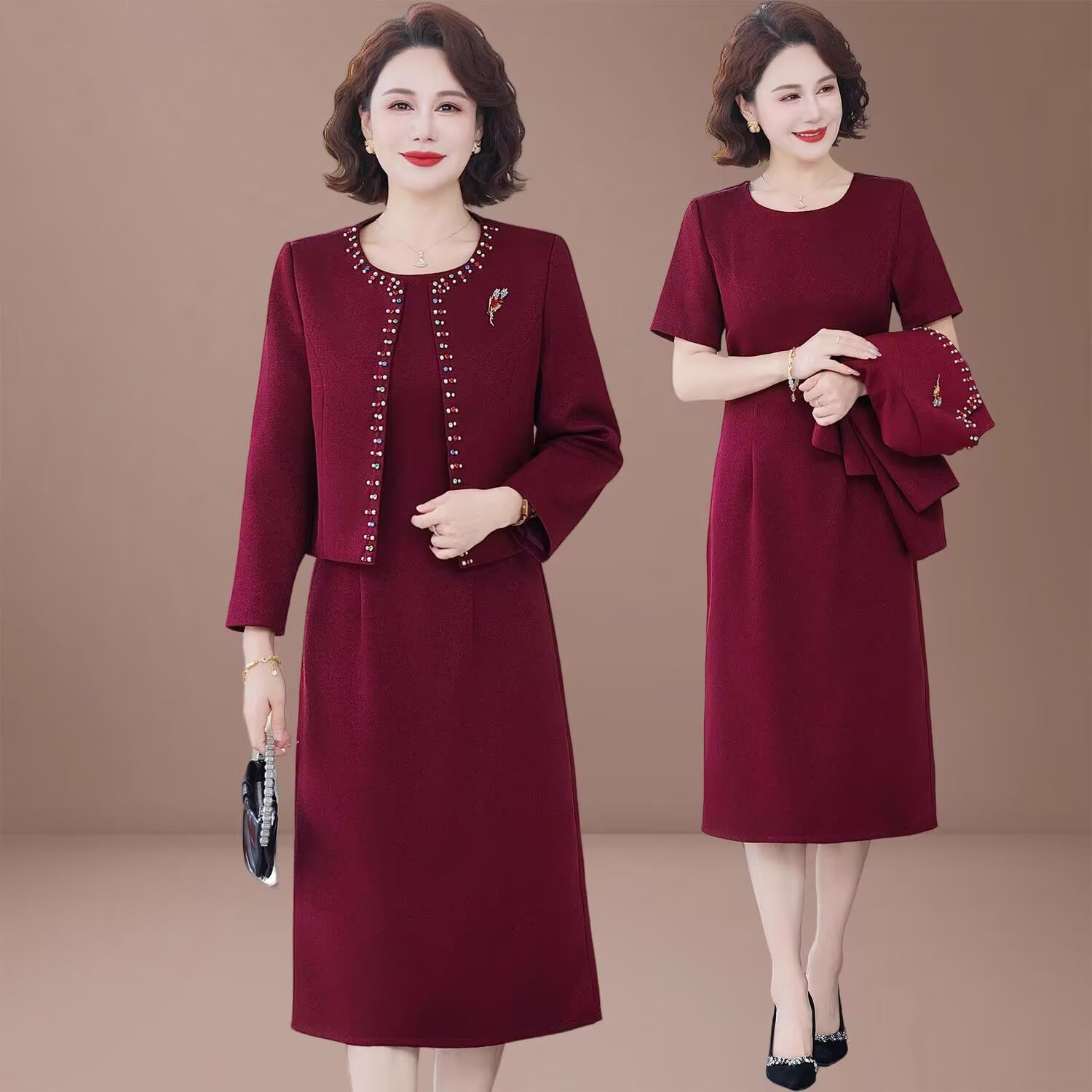 High End Middle Aged Mother Temperament Wedding Party Dress + Coat Set Female Long Dress Suits Autumn Women Dresses 2PCS Outfit
