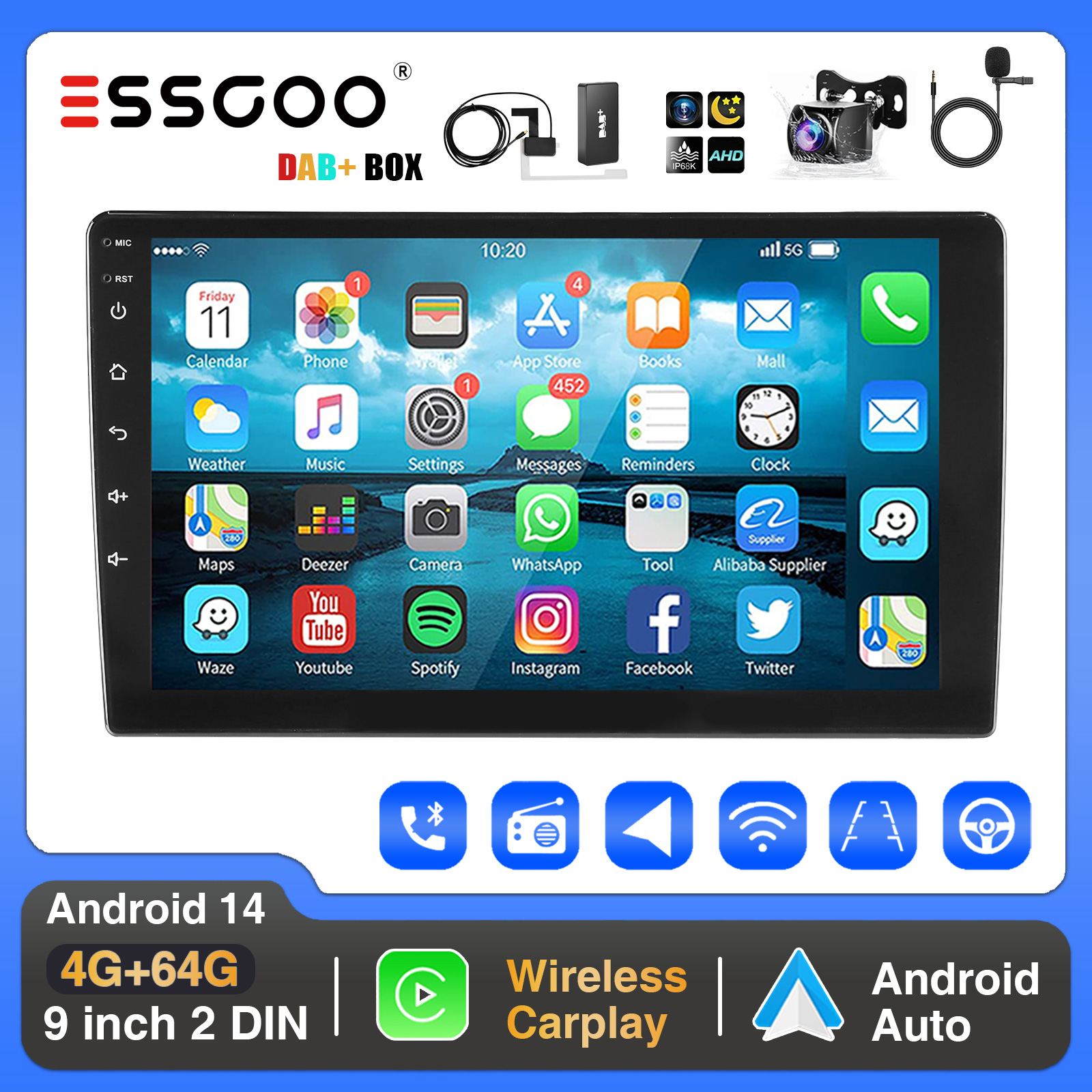 Autoradio ESSGOO 4+64G avec CarPlay sans fil et Android Auto, écran tactile IPS de 9" Double 2 DIN, GPS, navigation SAT, FM, DAB+, Wi-Fi, USB, SWC, lecteur multimédia.