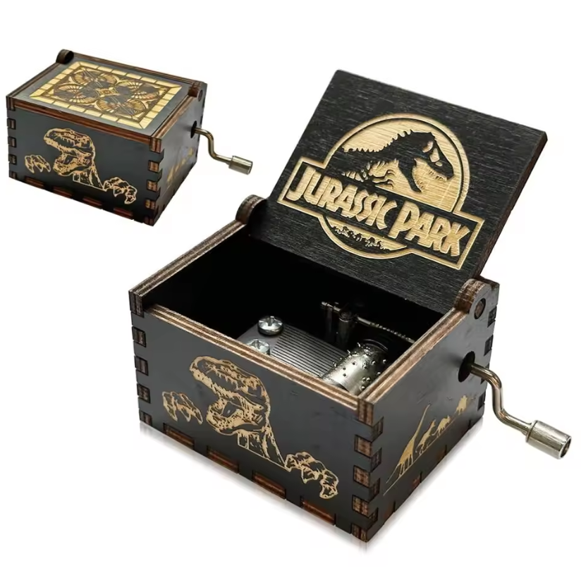 Kotak Musik Kayu Putar Manual 28 Gaya Musik Jurassic Park Hitam, Hadiah Natal Tahun Baru untuk Anak-Anak