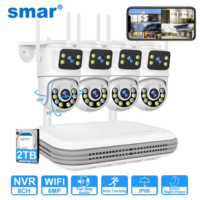 Smar WiFi 보안 카메라 시스템 6MP 듀얼 렌즈 무선 IP 카메라 키트 양방향 오디오 8채널 NVR