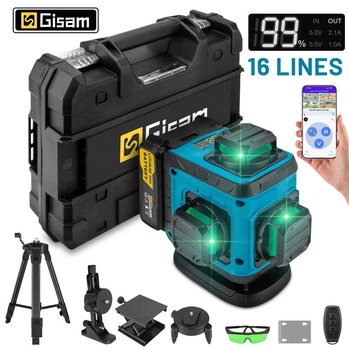 Gisam 4D 16 linii 360 ° Samopoziomujące poziomy laserowe ze statywem i walizką Profesjonalne narzędzie do poziomowania laserowego w poziomie i pionie