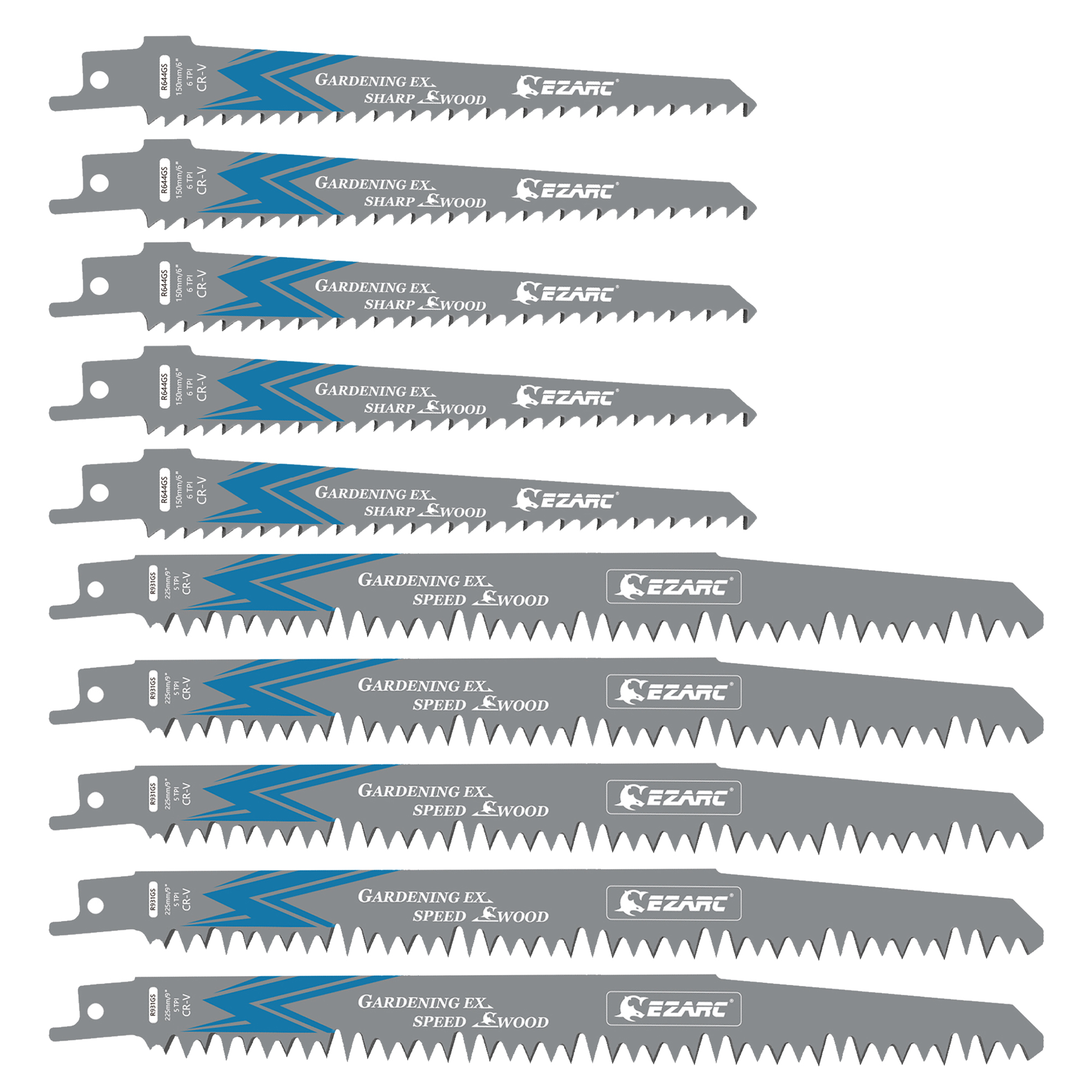 EZARC Reciprocating Saw Blades for Wood Pruning, 150mm 6TPI /225mm 5TPI CRV Ground Sharp Teeth Saw Blades Cutting Tools 6'' 9''