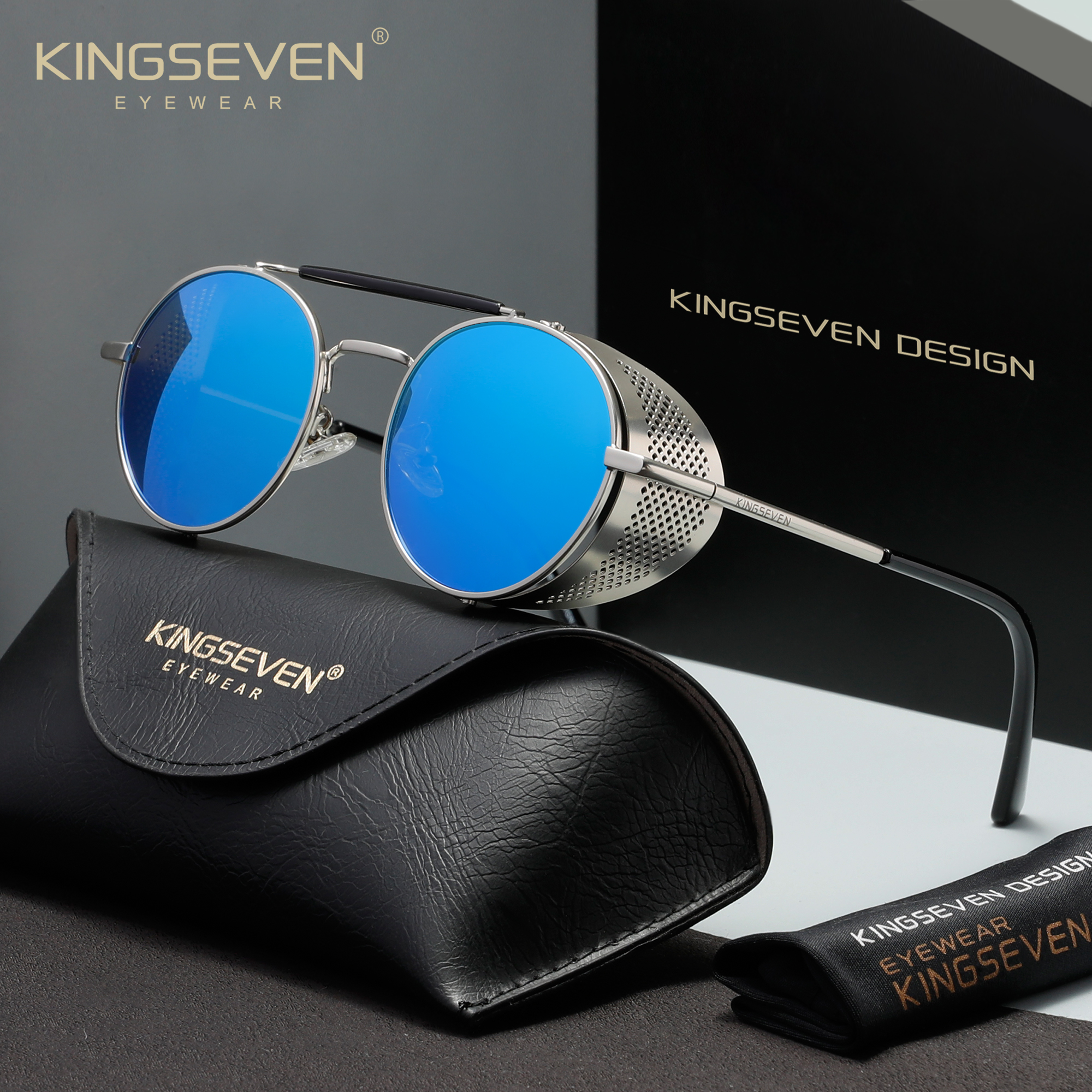 Okulary przeciwsłoneczne KINGSEVEN Retro Gothic Steampunk z polaryzacją UV400, modne okulary męskie i damskie, luksusowe, vintage, okrągłe oprawki.