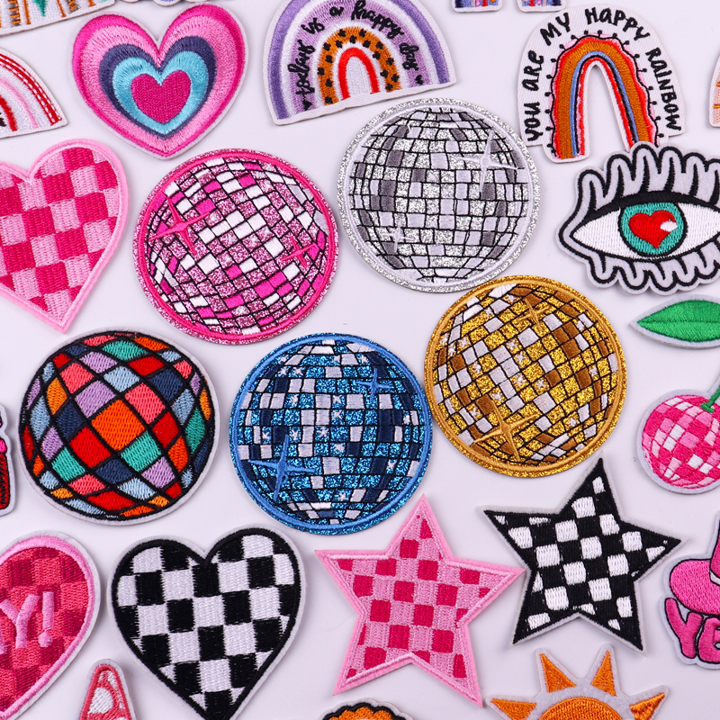 Disco Ball Herz Stern Plaid Muster Gestickte Patches Für Kleidung Thermoadhäsive Patches Auf Kleidung DIY Eisen Auf Patch Aufkleber