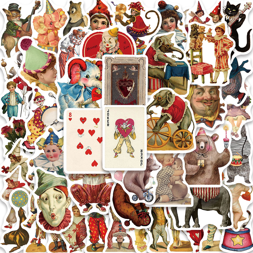 50PCS Vintage Circus Acrobatics Clown Retro Art Funny Stickers Aesthetic Graffiti Decals Scrapbook Laptop Bottle Sticker Gift