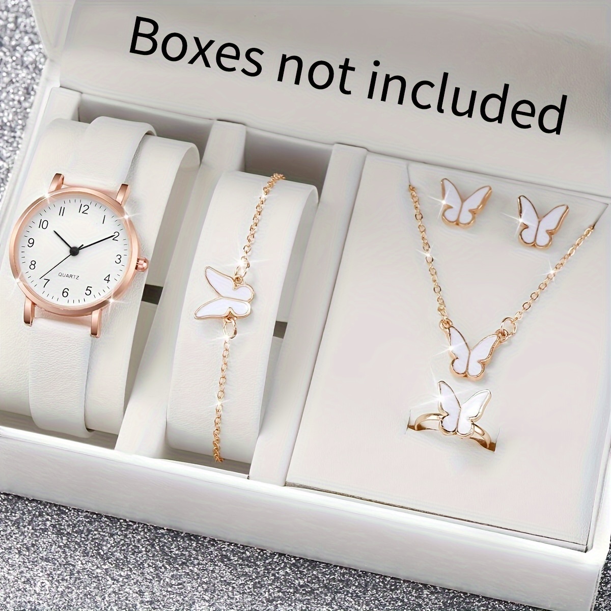 6 ชิ้น/เซ็ตผู้หญิงนาฬิกา Casual อาหรับ Dial นาฬิกาควอตซ์ Analog PU นาฬิกาข้อมือหนังชุดเครื่องประดับผีเสื้อ (ไม่มีกล่อง)