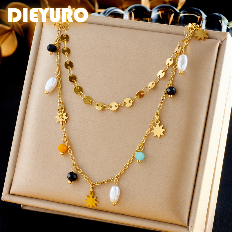 DIEYURO-316L Aço Inoxidável Pentáculo Colar, Geometria Pérola, Cor do Ouro, Estrela Pingente, Moda Delicada, Pescoço Jóias, Presentes, Novo