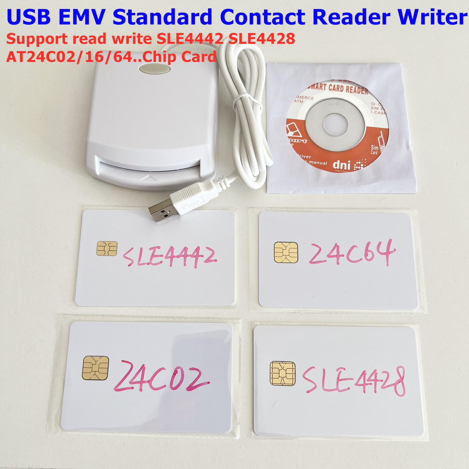 ISO7816 Contacto EMV SIM eID Lector de tarjetas con chip inteligente Programador escritor para tarjeta con chip de memoria de contacto + 2 tarjetas de prueba y kit SDK