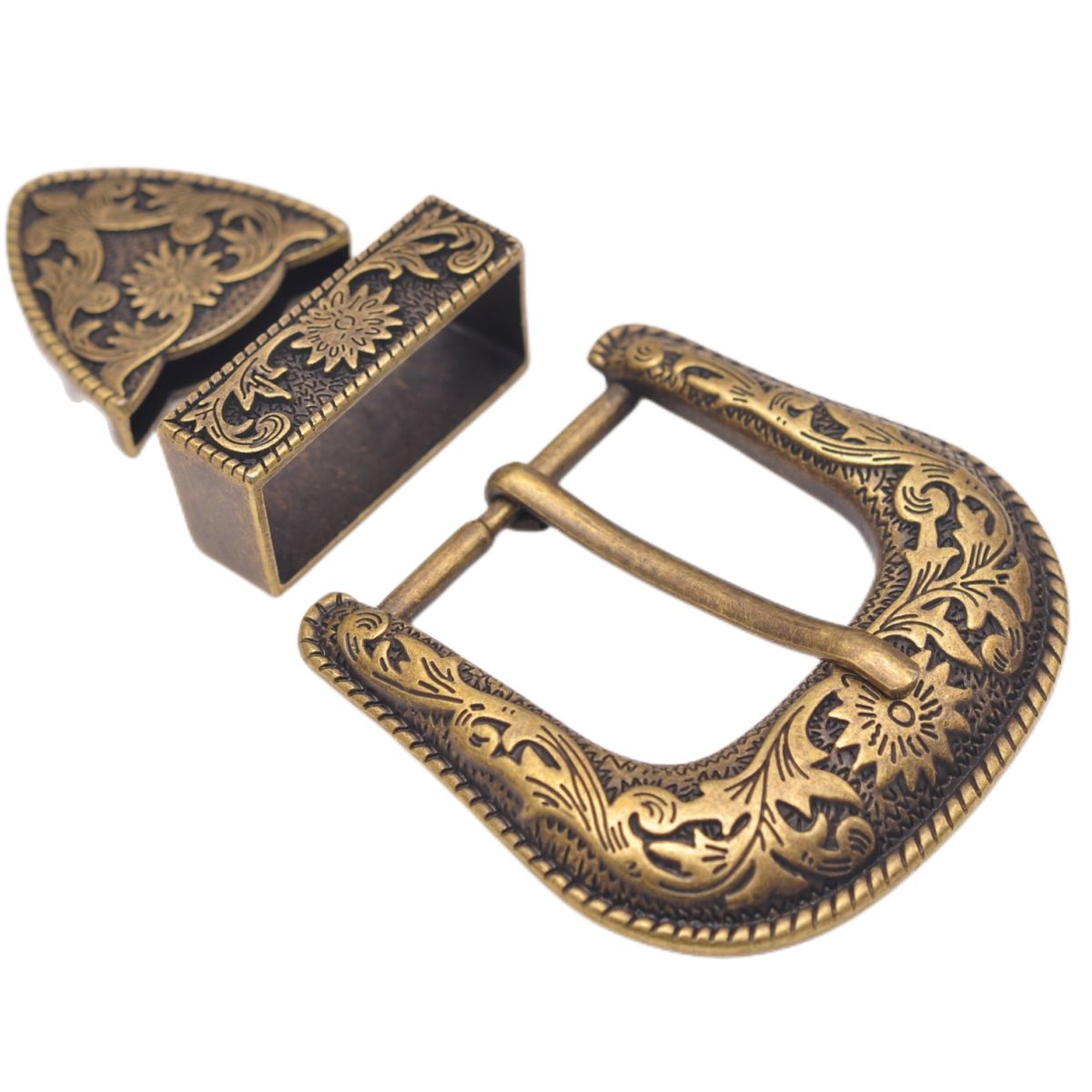 Antike Messing Floral Seil Seite Rodeo Western Cowboy Drei Stück Set Leathercraft Gürtel Schnalle Unisex 1 1/2"