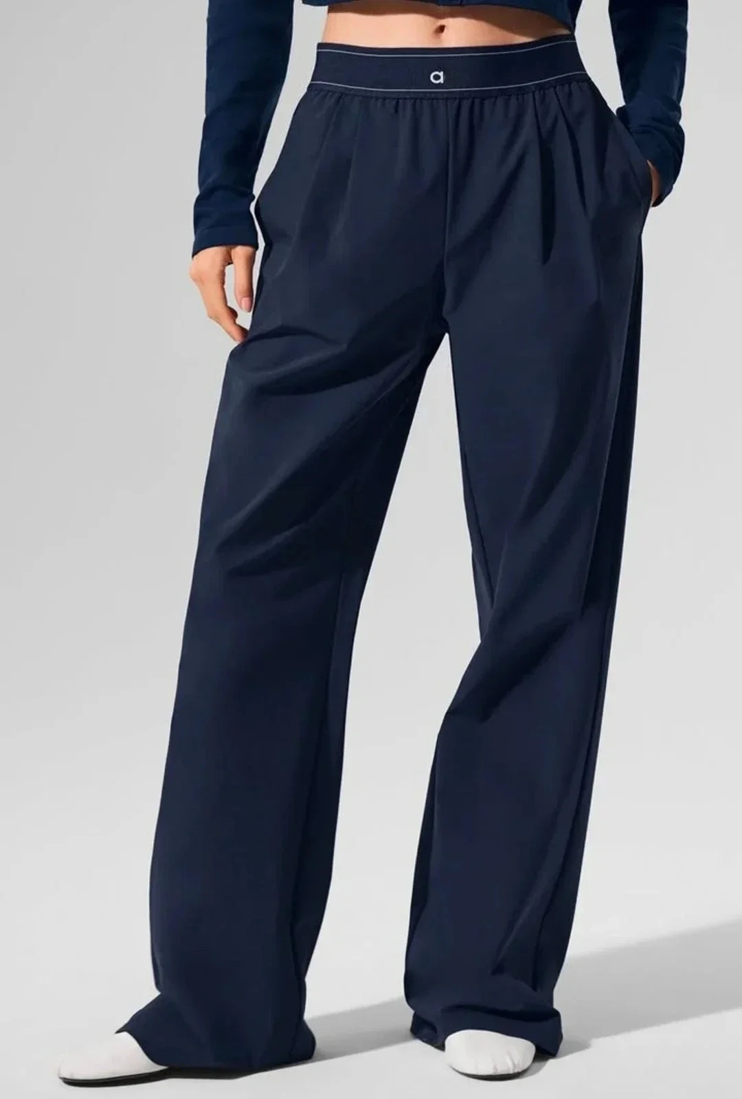 Calças de Perna Larga para Mulheres, Finas, Casuais, Soltas, Azul Marinho, Calças de Moletom com Cintura Elástica, Joggers Sólidos para Fitness