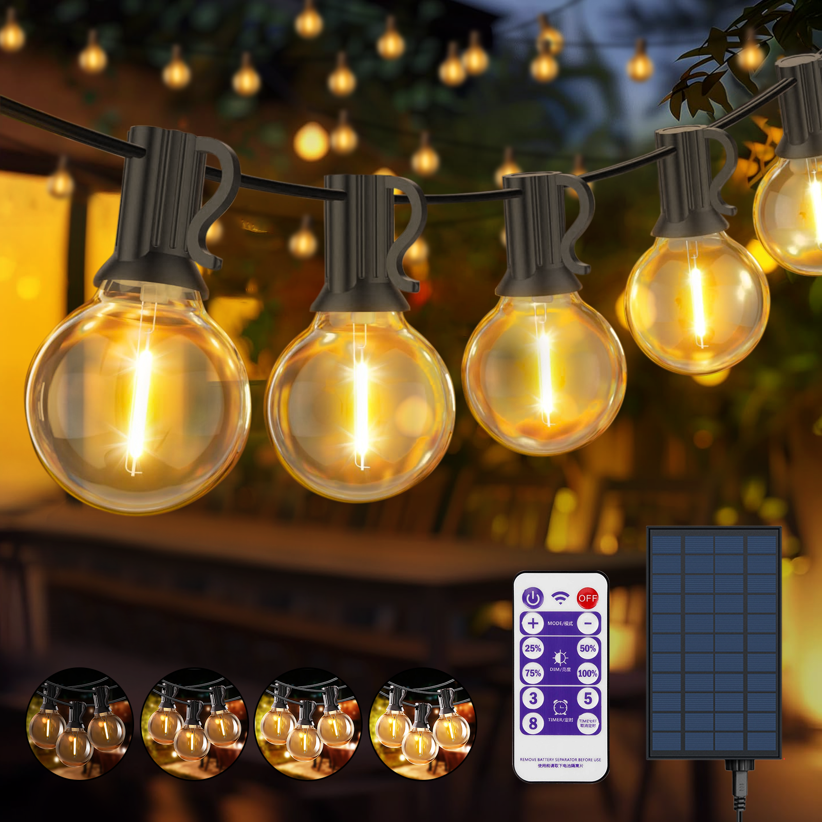 Zewnętrzna lampa solarna LED ze ściemnianiem, pilotem, żarówkami G40, wodoodporność IP65, 8 trybów, solarna L