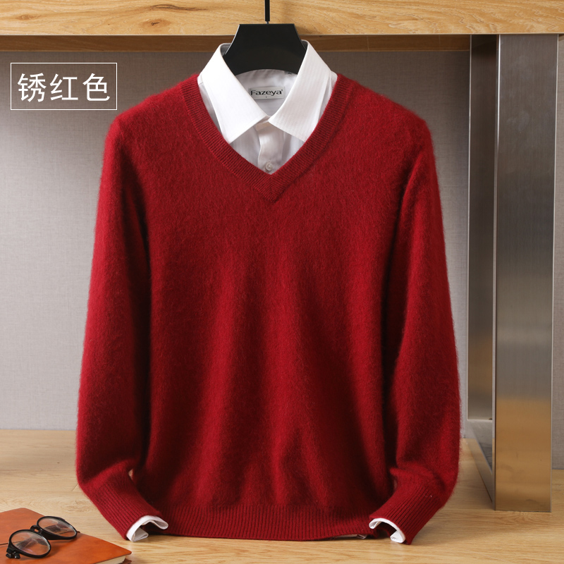100% suéter de cachemira de visón puro para hombre, jersey con cuello en V, suéter de punto de visón de talla grande, partes superiores nuevas de invierno, moda de manga larga de gama alta