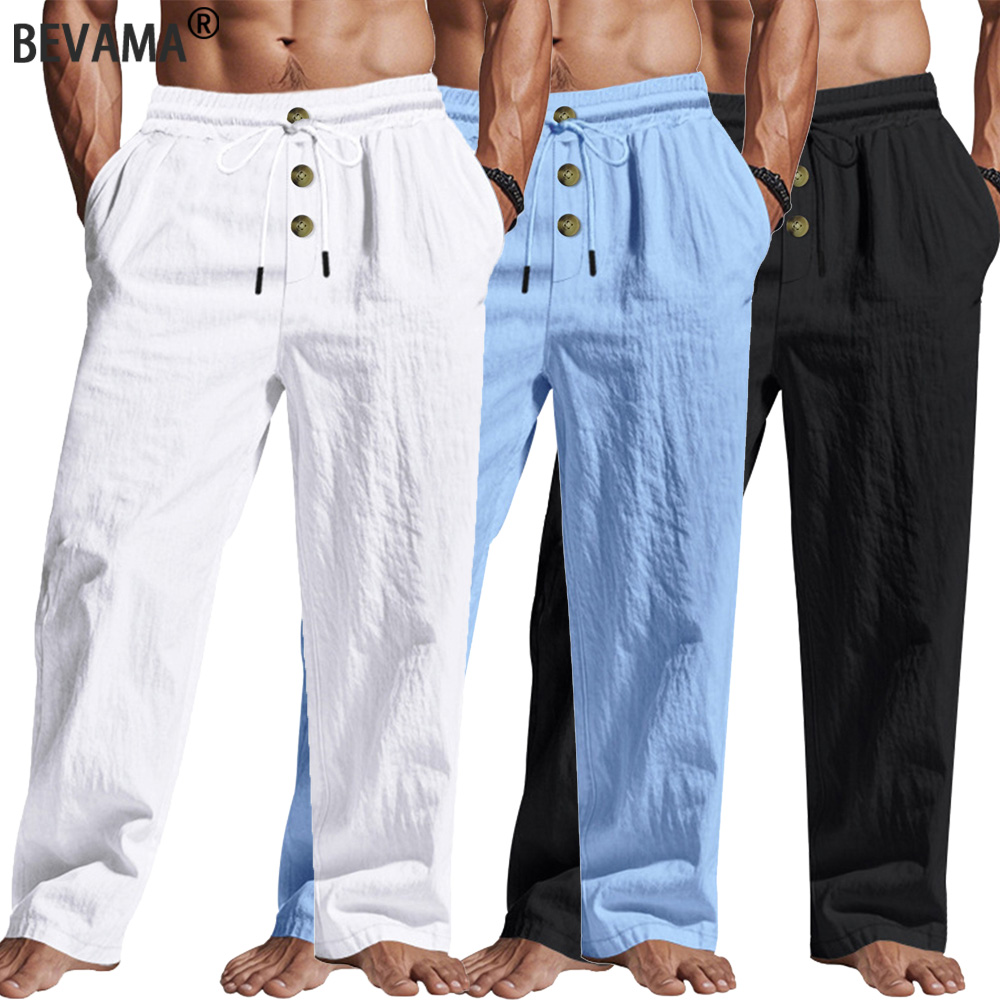 Strandbroek voor heren, zomer, katoen, linnen, ademende joggingbroek, effen kleur, casual broek, Hawaiiaanse vakantie, losse lange broek