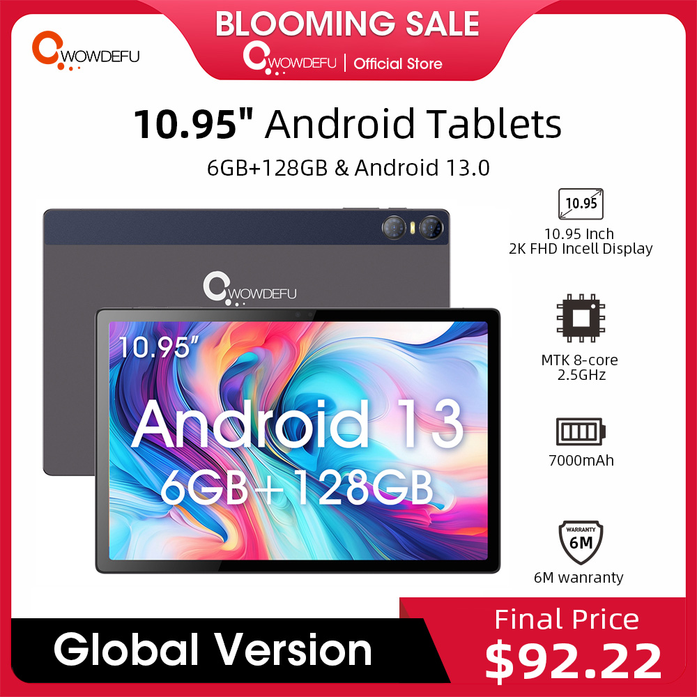 Планшет CWOWDEFU Android 13 2024 года, 10,95-дюймовый дисплей FHD Incell 2K, восьмиядерный процессор MTK, 6 ГБ ОЗУ, 128 ГБ ПЗУ, аккумулятор 7000 мАч, камера 13 Мп, планшетный ПК с GPS