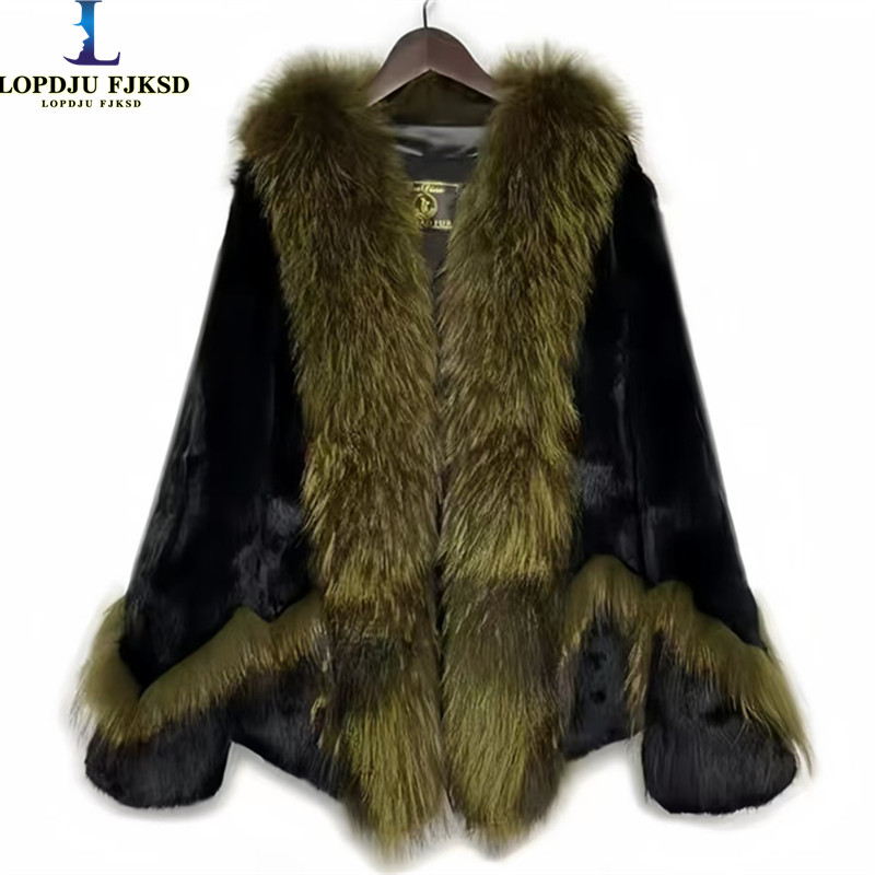 Abrigo de piel de conejo Rex auténtica para mujer, Chaqueta corta gruesa y cálida con cuello de piel de perro mapache, prendas de vestir exteriores cálidas elegantes para otoño e invierno