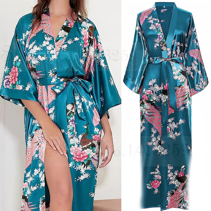 Large Size 3XL Flower Kimono Bathrobe Gown Women Long Robe Nightgown Print Peacock Satin Sleepwear Home Dress Loose Loungewear