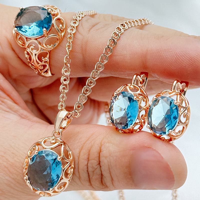 Kinel – ensemble de bijoux en Zircon naturel bleu brillant pour femmes, bague, boucles d'oreilles, collier, bijoux fins quotidiens, à la mode, 585