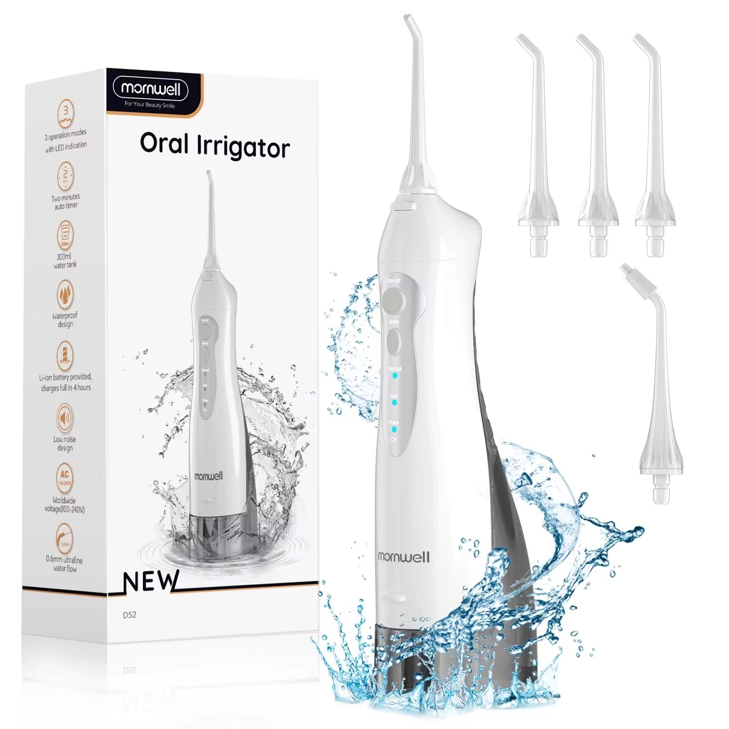 Gato de agua Dental Mornwell D52 hilo Dental recargable waterpik irrigador dientes dentales portátil 300ML tanque de agua impermeable