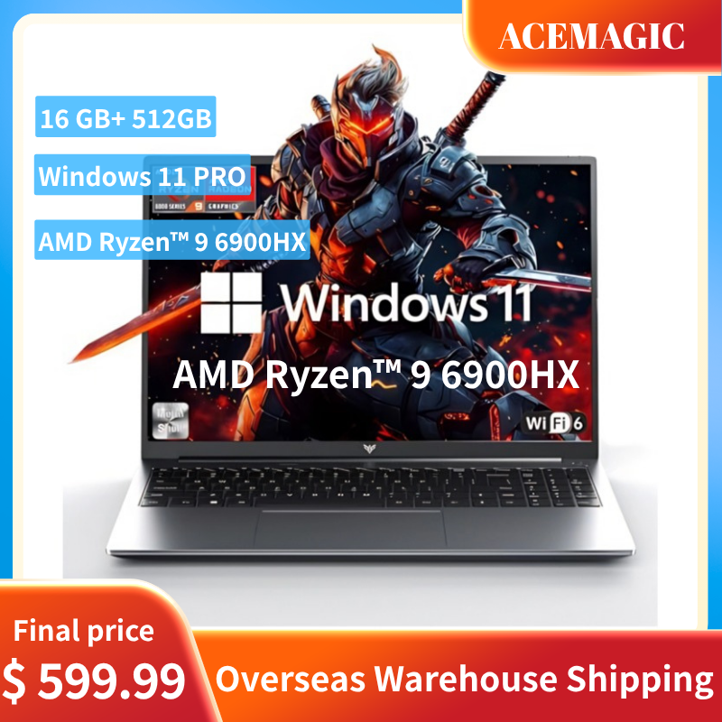 ACEMAGIC 16-calowy laptop FHD z procesorem AMD Ryzen 9 6900HX, 16 GB pamięci RAM LPDDR5, 512 GB dysku SSD, podświetlaną klawiaturą, w pełni wyposażony laptop do biura i gier.