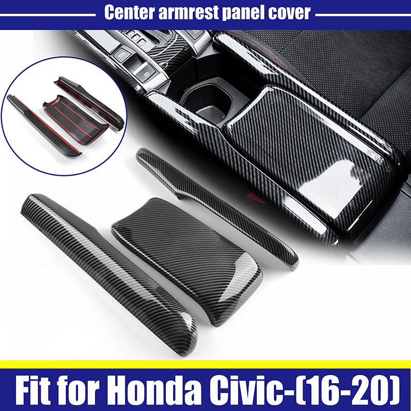 3Pcs Rhyming Car Interior Central Armrest Box Panel Protective Cover Carbon Fiber Accessories Fit For Honda Civic 10th 2016-2021