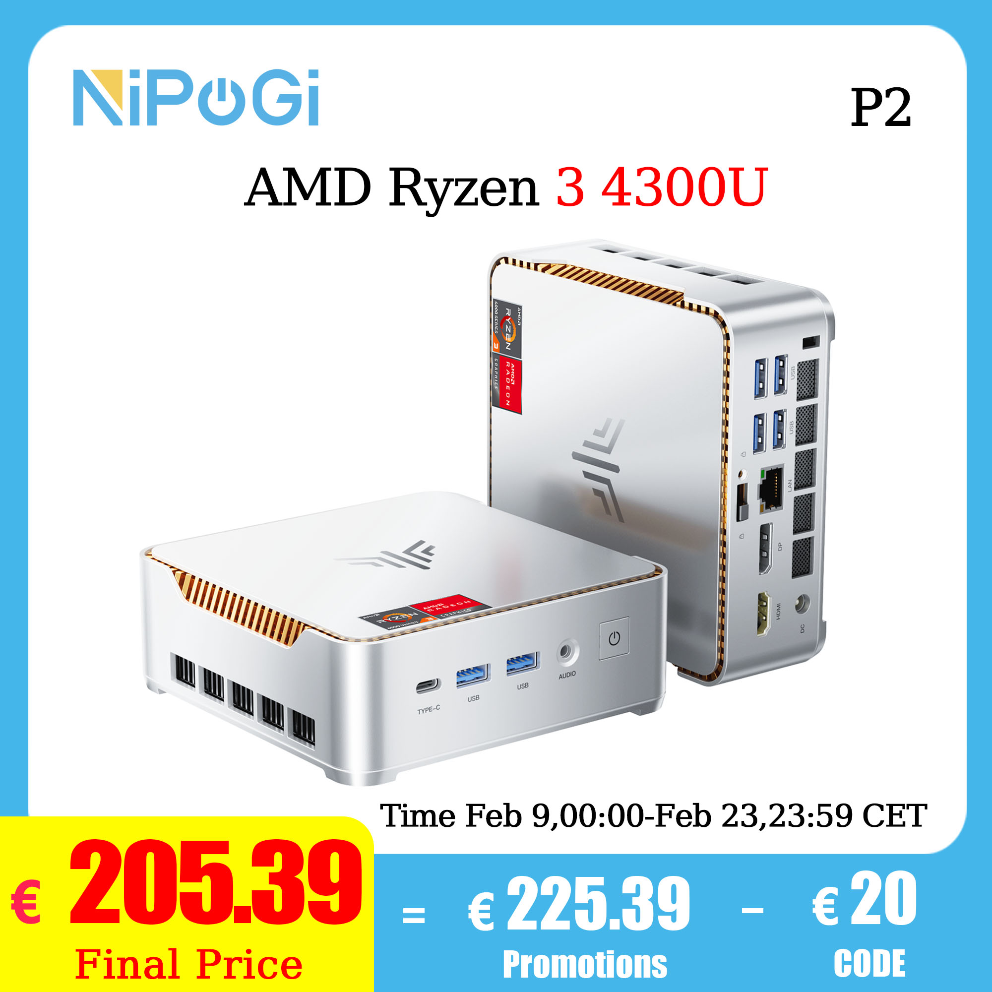 NIPOGI P2Mini PC Mini-Computer AMD Ryzen 3 4300U 16GB DDR4 512GB M.2 SSD Windows 11 Pro Micro Desktop-Computer Mini-Desktop-PC