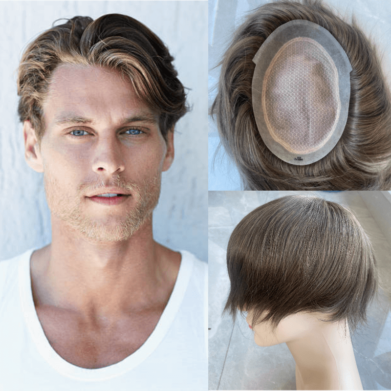 Clearance  Australia-Double Layers Men Wig Natural Human Hair Toupee Male Hair Prosthesis Lace PU Base Breathable System Man Wig