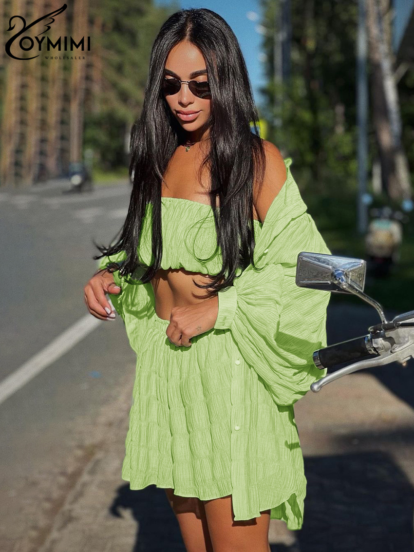 Oymimi Casual sciolto verde 3 pezzi Set donna vestito moda manica lunga Top + tubo Top abbinato pantaloncini a vita alta Set nuovo In