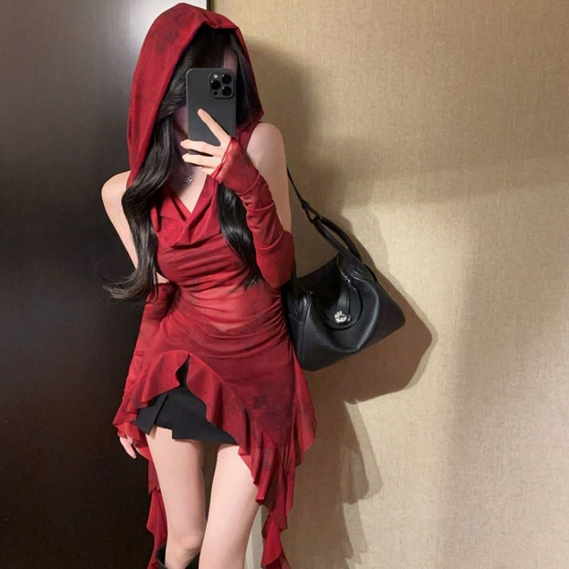 Red Mesh Durchsichtiges Top Streetwear Kapuzen-T-Shirt Unregelmäßige Rüschen Oversleeve Tops für Frauen Sexy Y2k-Kleidung