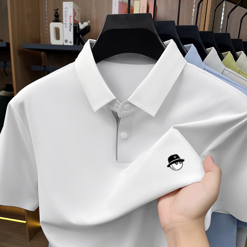 Kaos Polo Pria Musim Panas Bahan Sutra Es Elastisitas Tinggi, Kasual Bisnis Golf, Bordir Modis Original, Berkualitas Tinggi